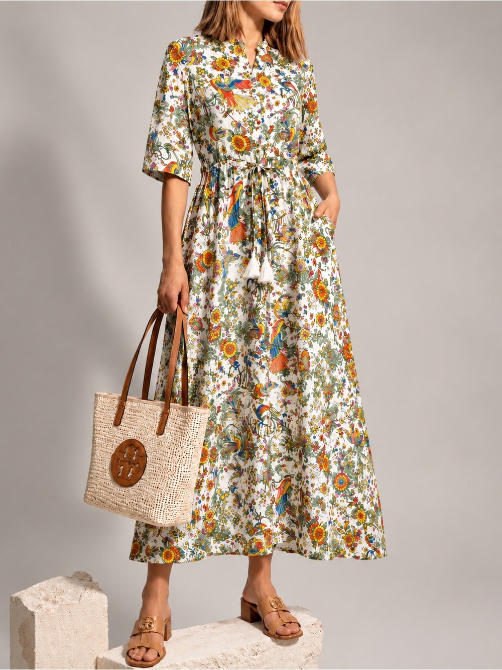 Tory Burch Promised Land Cotton Maxi Shirt Dress Floral Cover Up Womens M